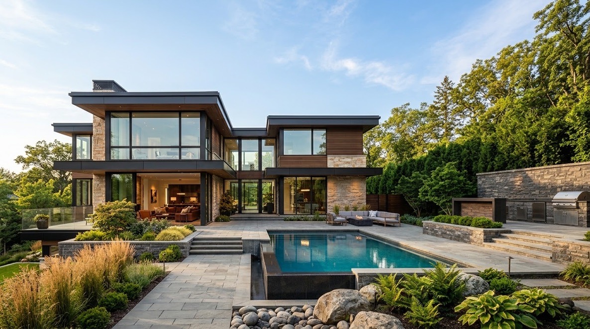 Modern residence at dusk with illuminated interiors and pool terrace.