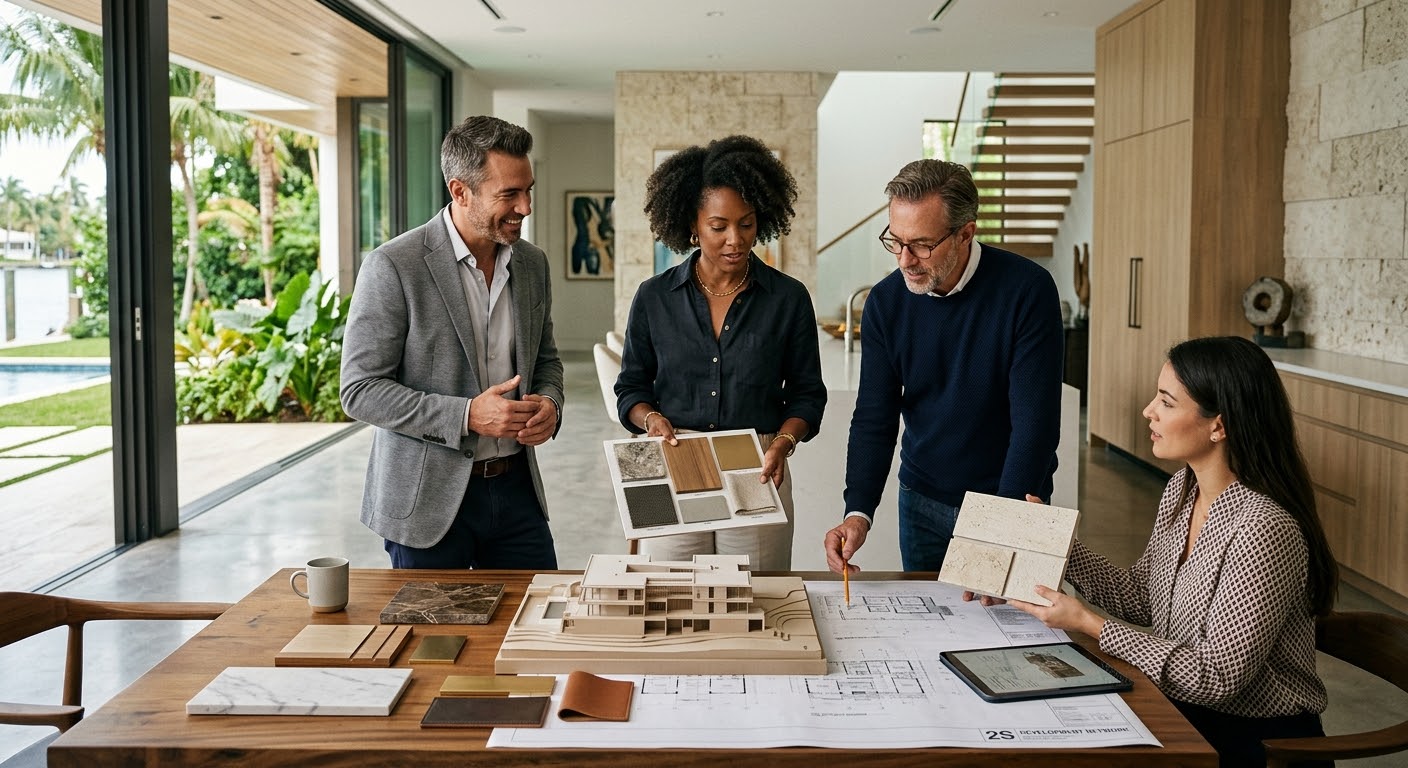 2S Development team reviewing architectural plans and material samples — stone, wood and brass — at a project consultation.